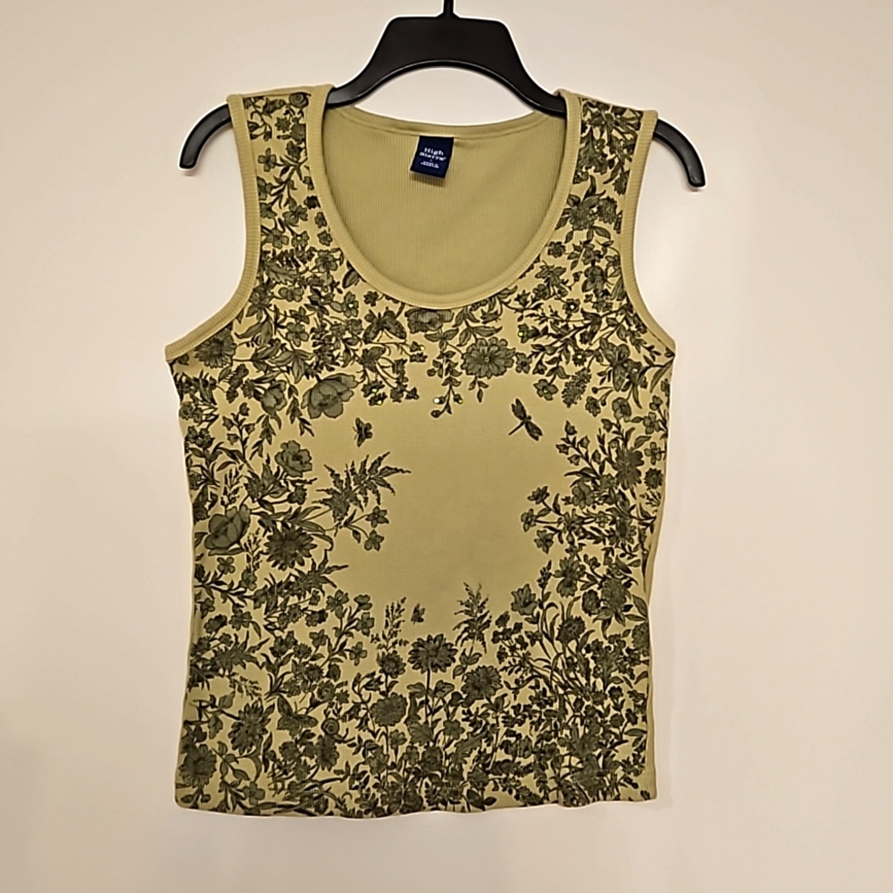 HIGH SIERRA light dark green floral print ribbed tank top rhinestone detail Lrg.